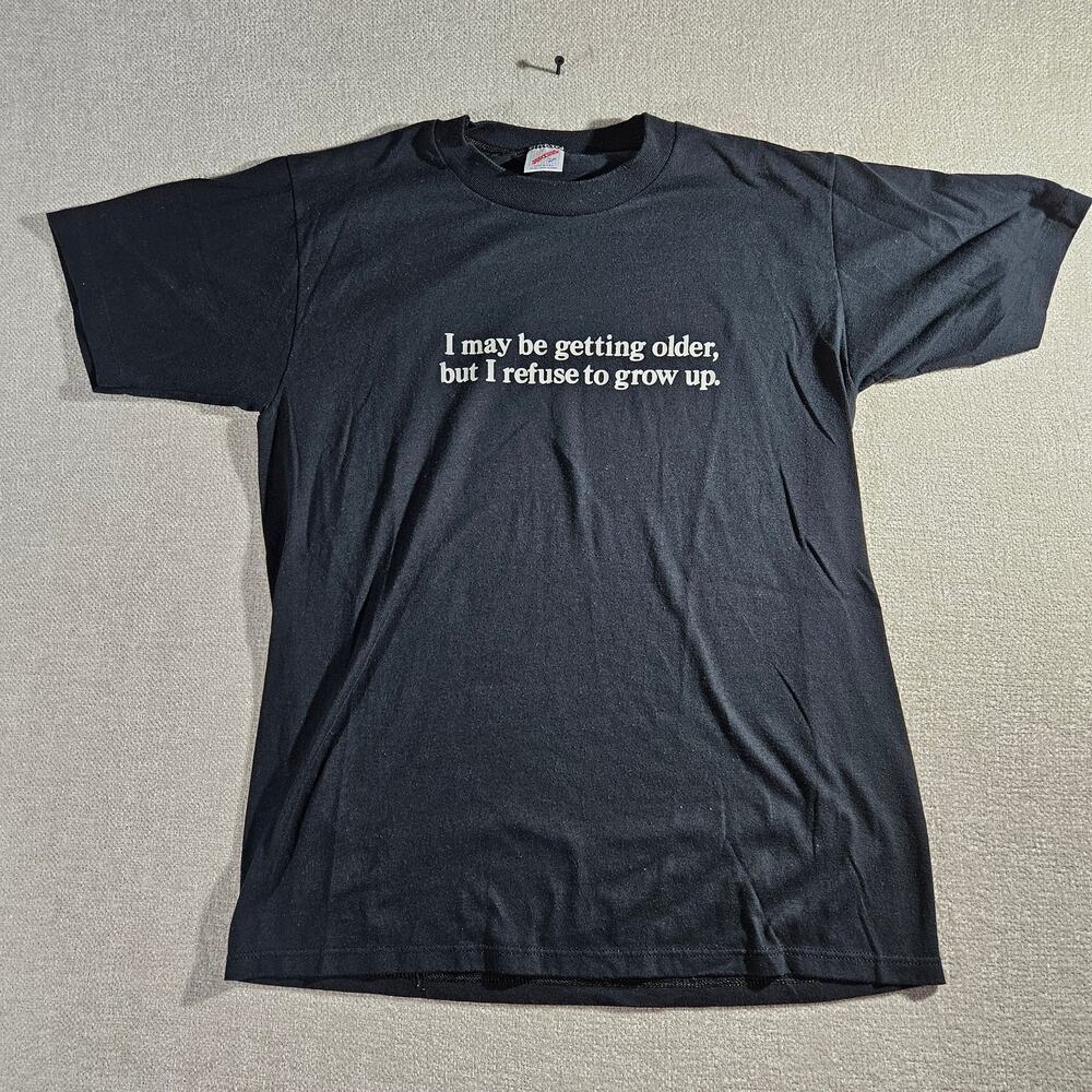 Vintage 80s Jerzees Single Stitch Sleeve T Shirt Large USA Black Funny Graphic
